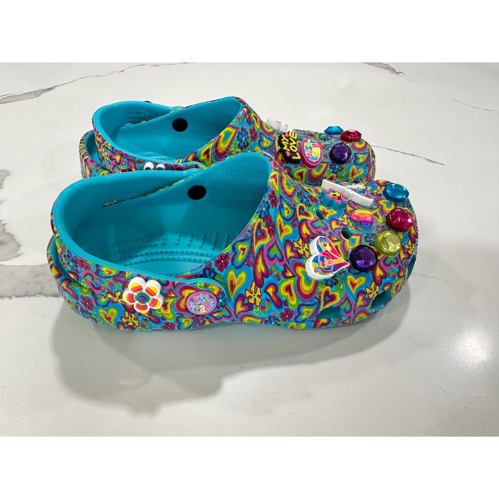 Lisa Frank x Crocs Classic Clogs Kids J3 Multi-Color Heart Print with Jibbitz